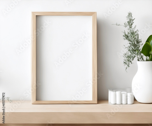 Empty wooden picture frame, poster mockup on wooden table. Minimal plant in vase. Morning concept. Beige wall background. Modern art display, elegant interior.