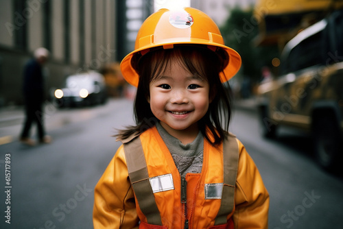 Happy girl in Construction Worker costume with Generative AI © toonsteb