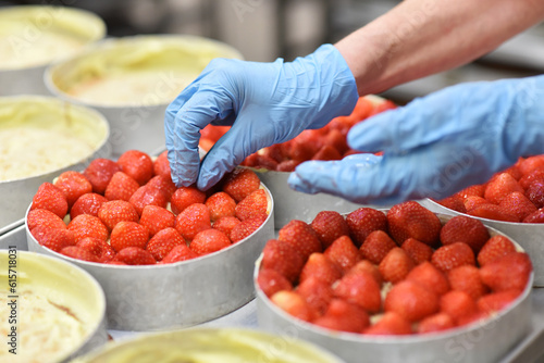 production of strawberry cake on the conveyor belt of a large bakery - woman with gloves decorating the strawberries on the cake