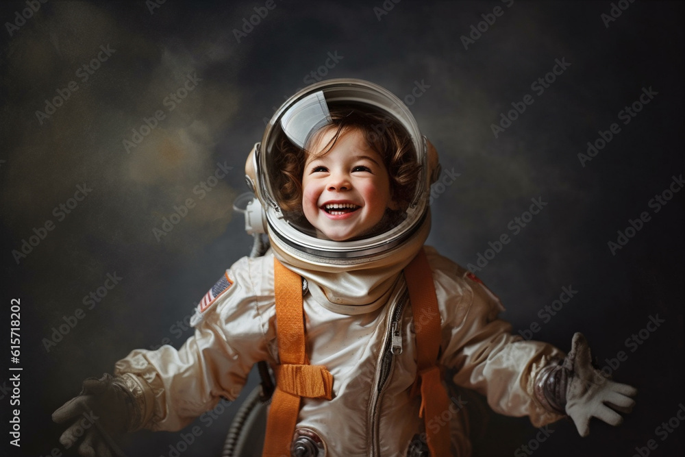 Happy girl in astronaut costume with Generative AI Happy girl in astronaut costume with Generative AI