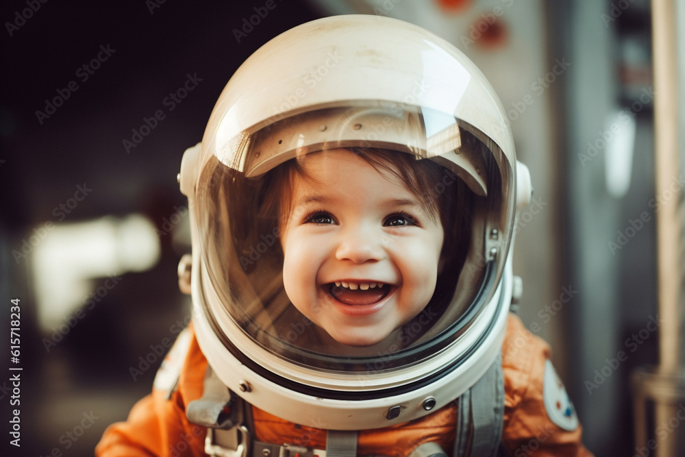 Happy girl in astronaut costume with Generative AI Happy girl in astronaut costume with Generative AI