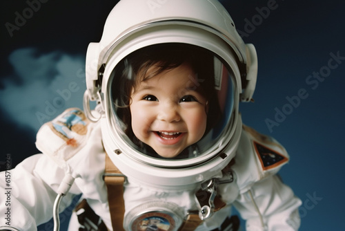 Happy girl in astronaut costume with Generative AI © toonsteb