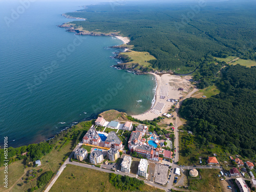 An aerial view of the rocky coastline of the Black Sea in southern Bulgaria near Sinemorets town, showcasing its rugged beauty and coastal splendor. photo