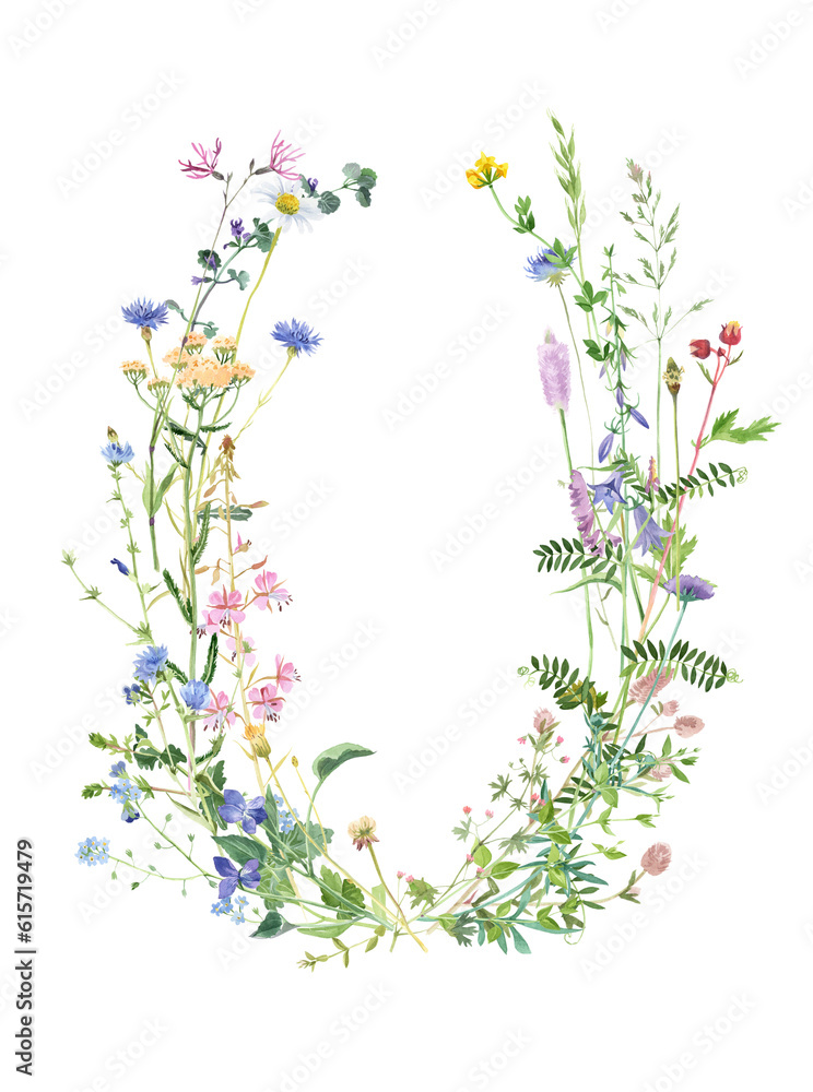 Watercolor frame with herbs and wildflowers. Free space for your text design. Great for label designs, cards and invitations. Delicate botanical painting in vintage style. - obrazy, fototapety, plakaty 