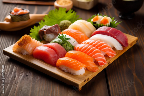 fish sushi seafood set roll japan meal japanese food rice. Generative AI.