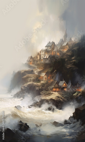 Generative AI Digital painting of a house on a cliff in a foggy sea