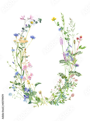 Watercolor frame with herbs and wildflowers. Free space for your text design. Great for label designs, cards and invitations. Delicate botanical painting in vintage style.
