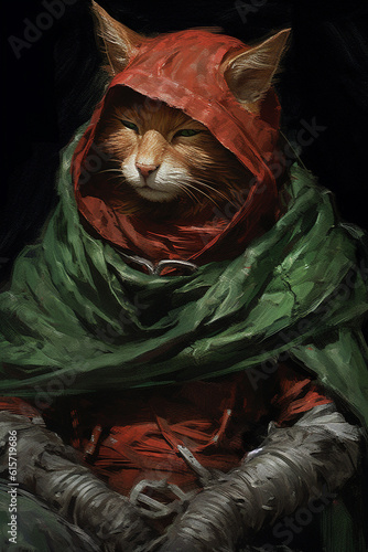 Generative AI Oil painting of a red cat in a green raincoat with a red scarf