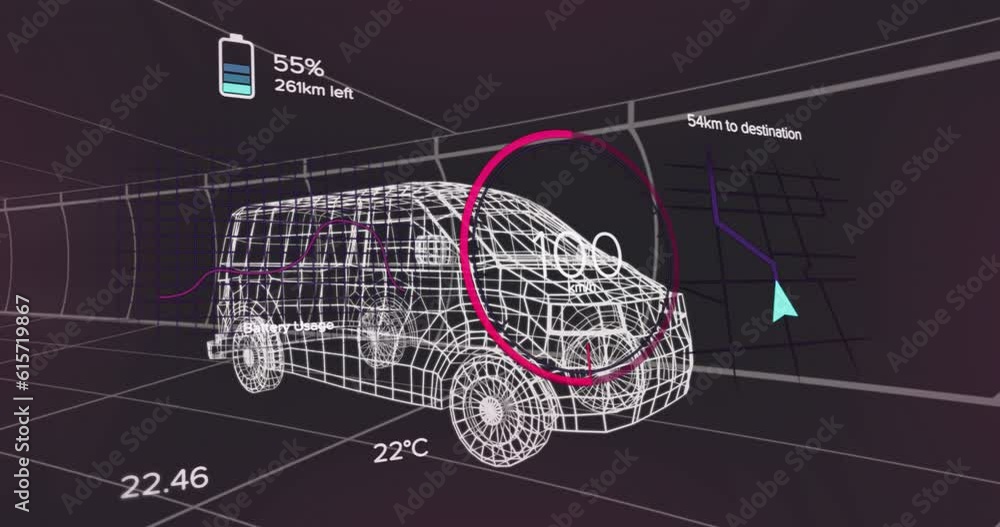 Animation of changing numbers in circle, battery icon, arrow on map pattern over 3d model of van Animation of changing numbers in circle, battery icon, arrow on map pattern over 3d model of van