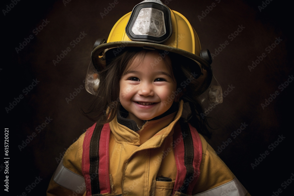 Happy girl in firefighter costume with Generative AI Happy girl in firefighter costume with Generative AI