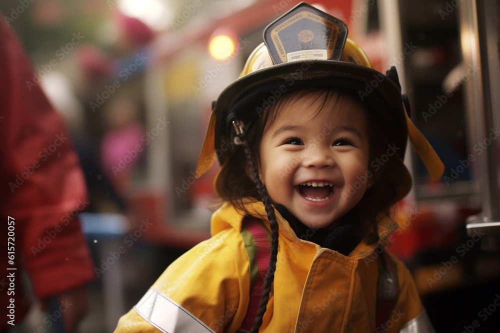 Happy girl in firefighter costume with Generative AI Happy girl in firefighter costume with Generative AI
