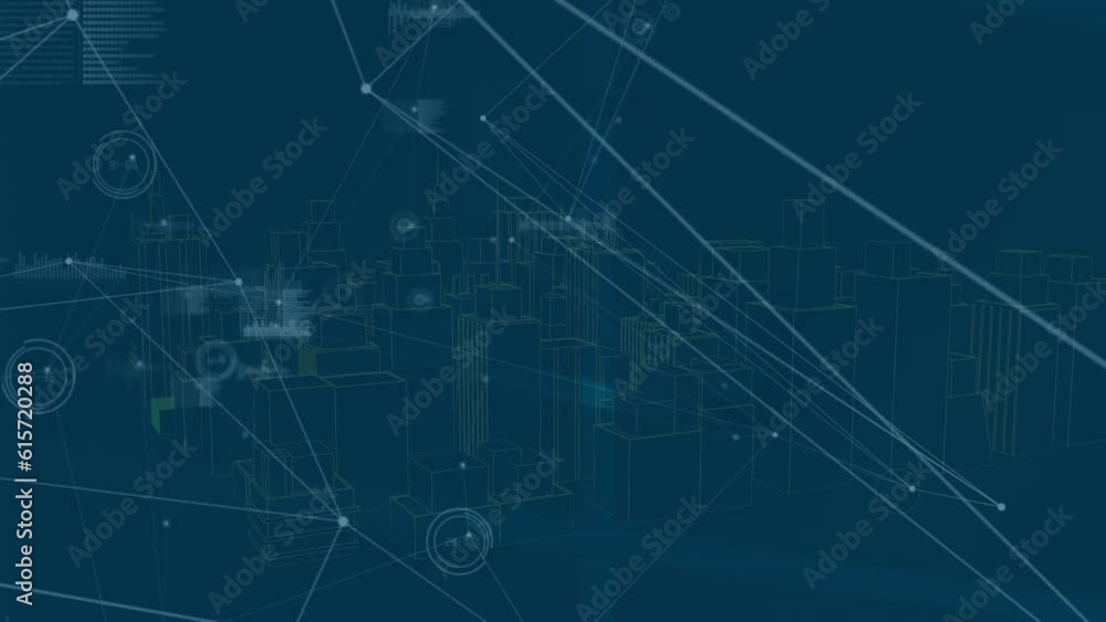 Animation of dots connected with lines and graph icons over 3d model of city on abstract background Animation of dots connected with lines and graph icons over 3d model of city on abstract background