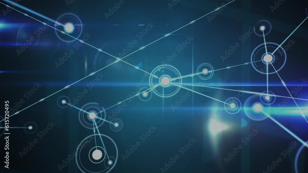 Animation of dots connected with lines over lens flares against blue background Animation of dots connected with lines over lens flares against blue background