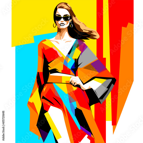 Fashion model dressed in a bright stylish multi-colored dress walks along the catwalk. Abstract female portraits, contemporary design, vector illustration