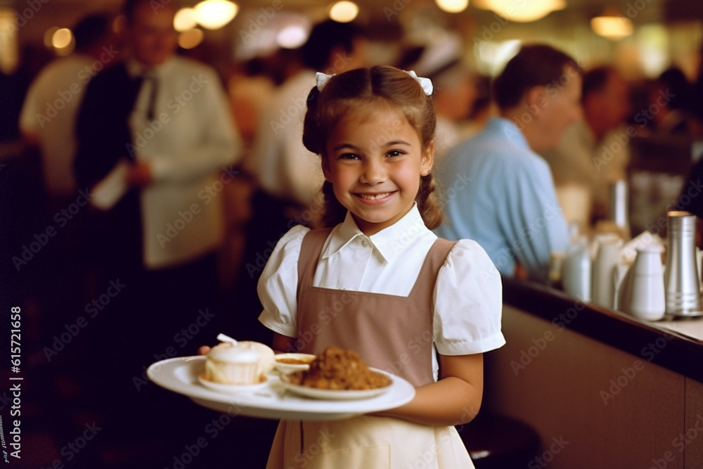 Happy girl in waiter costume with Generative AI Happy girl in waiter costume with Generative AI