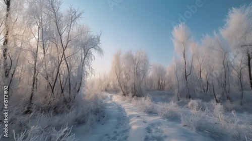 Beautiful winter landscape background. Path in the snowy. Generative AI.