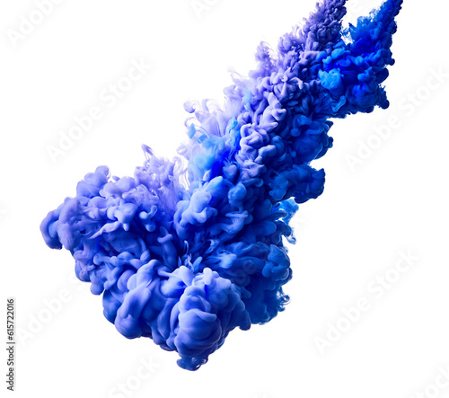 Splash of blue paint in water over white background