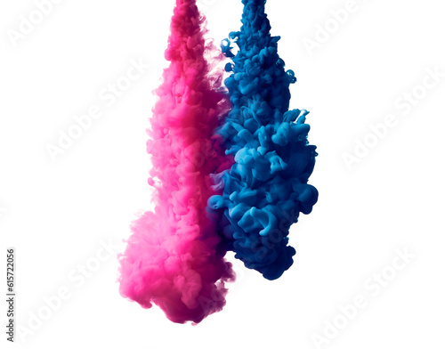 Splash of blue and pink paint in water over white background