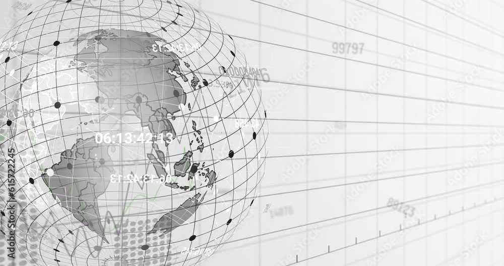 Animation of grid pattern over changing numbers and globe against white background Animation of grid pattern over changing numbers and globe against white background