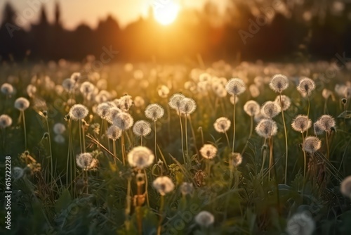 Dandelions in the grass at sunset. Nature background. Dandelions with beautiful sunset flare. Generative AI.