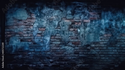 Dark blue old brick wall. Close-up. Collapsing brickwork. Brick wallpaper background. Generative AI.