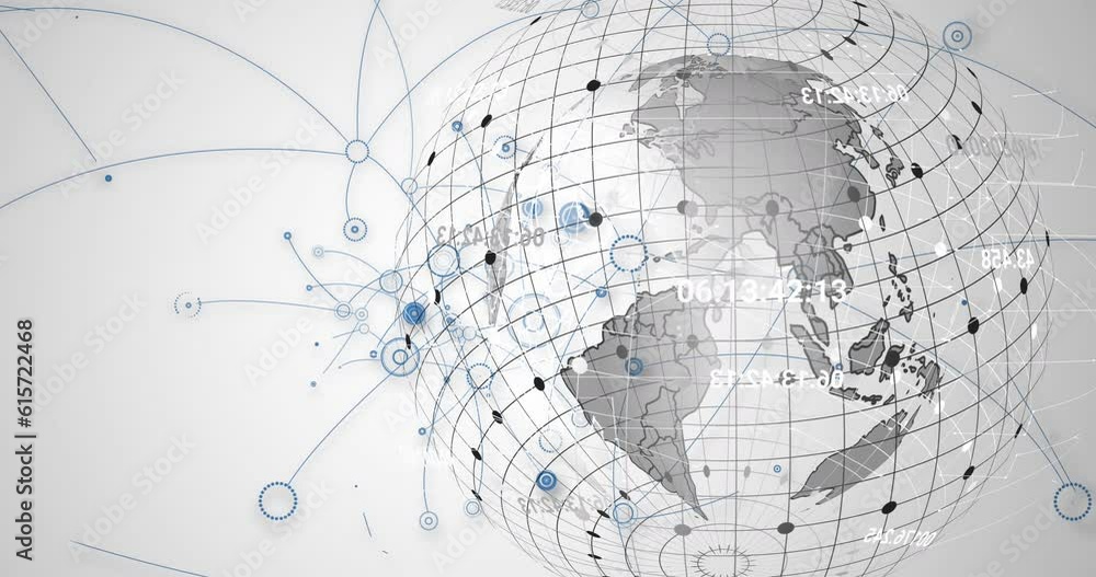 Animation of grid pattern around globe over connected circles against white background Animation of grid pattern around globe over connected circles against white background