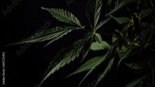 Green cannabis leaves on a black background. Hemp. Close-up view wallpaper background. Generative AI.