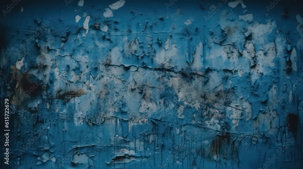 Old blue metal painted wall. Cracked Paint Texture. Dark blue rustic wallpaper background. Generative AI.