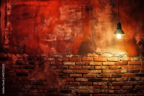 Light on an old brick wall.Red grunge background. Old painted wallpaper background. Generative AI.