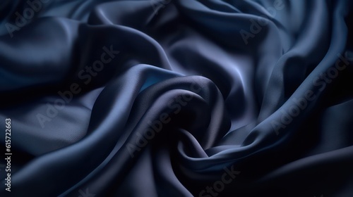 Navy blue silk satin curtain. Close-up satin fabric navy wallpaper background. Soft wavy folds. Generative AI.