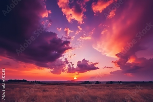 Purple orange sunset. Evening sky with clouds. Beautiful sky wallpaper background. Generative AI.