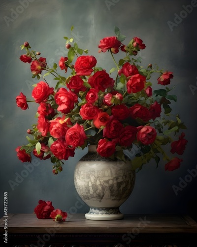 a bouquet of scarlet roses in a white vase stand on a white table in a white room, Ai generated  © Hina