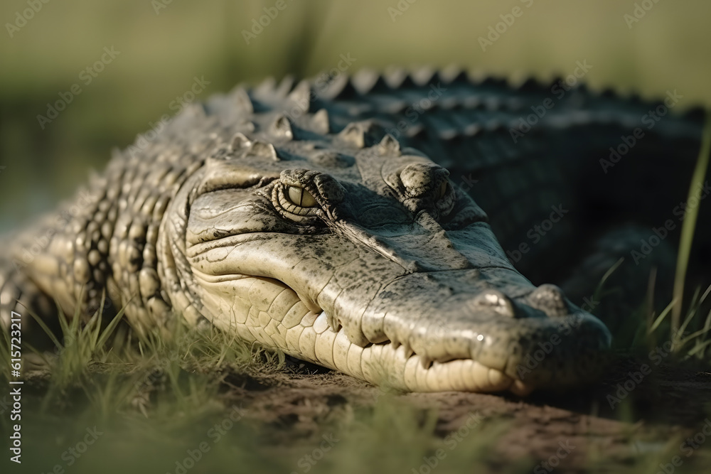 Obraz premium Nile Crocodile in Tropical Grasslands. Generative AI