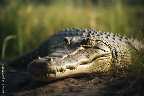 Nile Crocodile in Tropical Grasslands. Generative AI