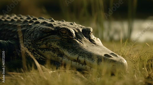 Nile Crocodile in Tropical Grasslands. Generative AI