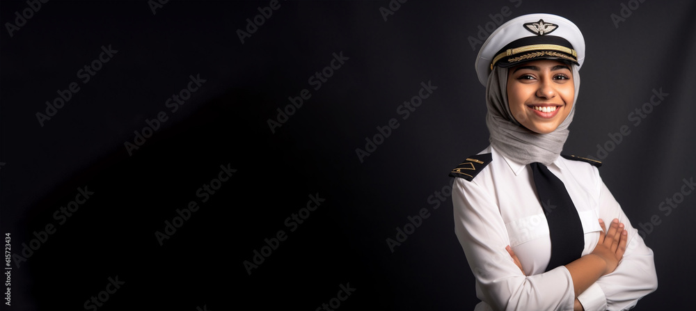 Obraz premium a smiling young woman wearing pilot clothes in dark grey background generative ai