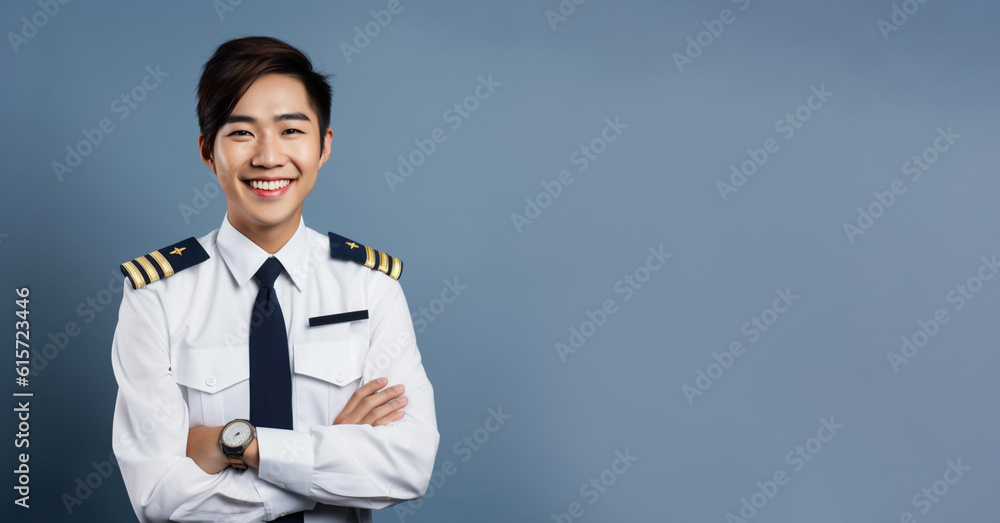 a smiling young men wearing pilot clothes in blue background generative ai a smiling young men wearing pilot clothes in blue background generative ai
