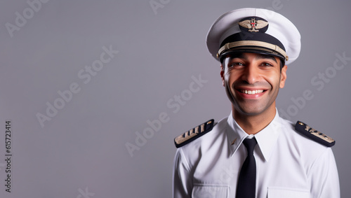 a smiling young men wearing pilot clothes in dark grey background generative ai © Leaf