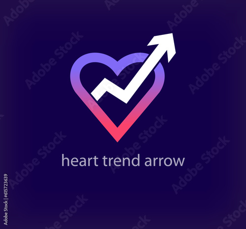 Creative heart trend arrow logo. Unique color transitions. Unique favorite trend uptrend logo template. vector