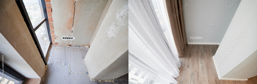 Comparison of apartment flat before and after restoration or refurbishment. Photo collage of old room with large windows and new renovated room with parquet floor and white walls. Comparison of apartment flat before and after restoration or refurbishment. Photo collage of old room with large windows and new renovated room with parquet floor and white walls.