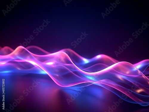 Purple pink glow waves, in the style of dotted, 3d space, abstract blue lights, streamlined design, rhythmic lines, lens flare, stockphoto, backlight, no text on the picture