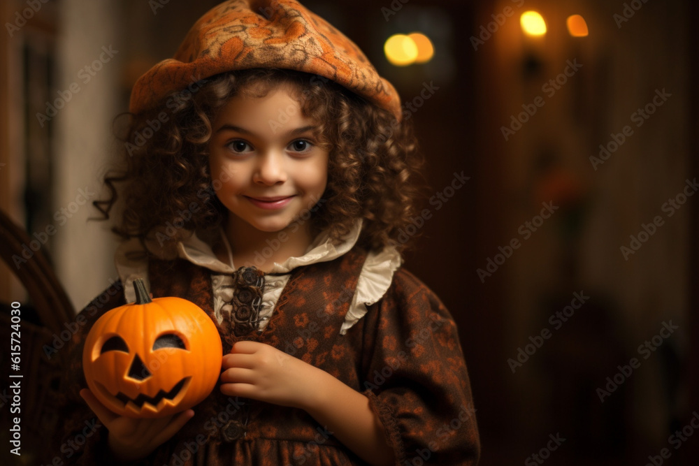 Happy girl in halloween costumes with Generative AI Happy girl in halloween costumes with Generative AI