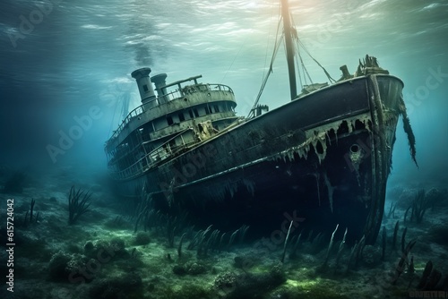 Sunken old ship ocean. Generate Ai © nsit0108