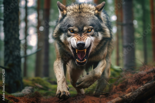 Gefährlicher aggressiver Wolf greift im Wald an, KI-generierter Inhalt photo