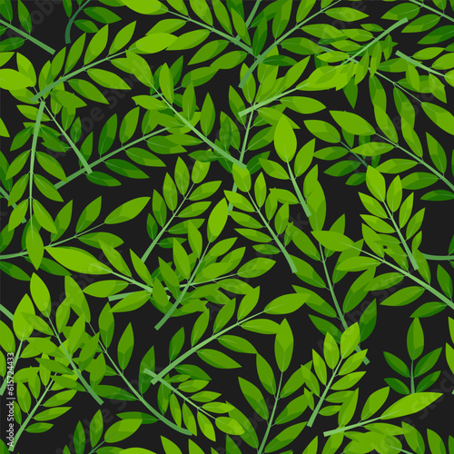 Green seamless pattern leafs on black background.