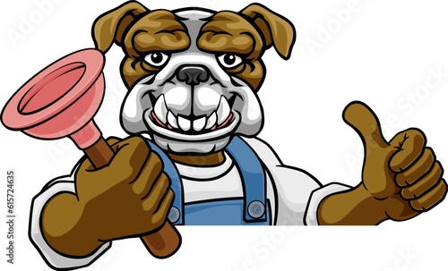 A bulldog plumber dog cartoon mascot holding a plunger peeking round a sign giving a thumbs up