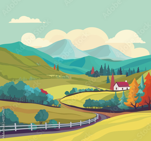 A rural landscape background of fields, farm land and trees with a cottage or house. A road winding into the distant rolling hills toward the mountains.
