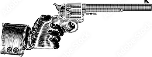 A hand in business suit holding a western cowboy gun pistol revolver in a vintage woodcut style