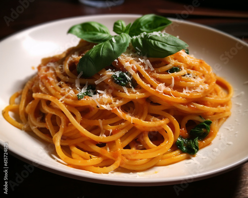Spaghetti mit Tomatensauce, Basilikum und Parmesan, generative AI