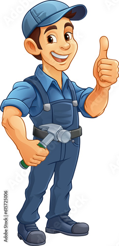A handyman or carpenter cartoon construction man mascot character holding a hammer tool